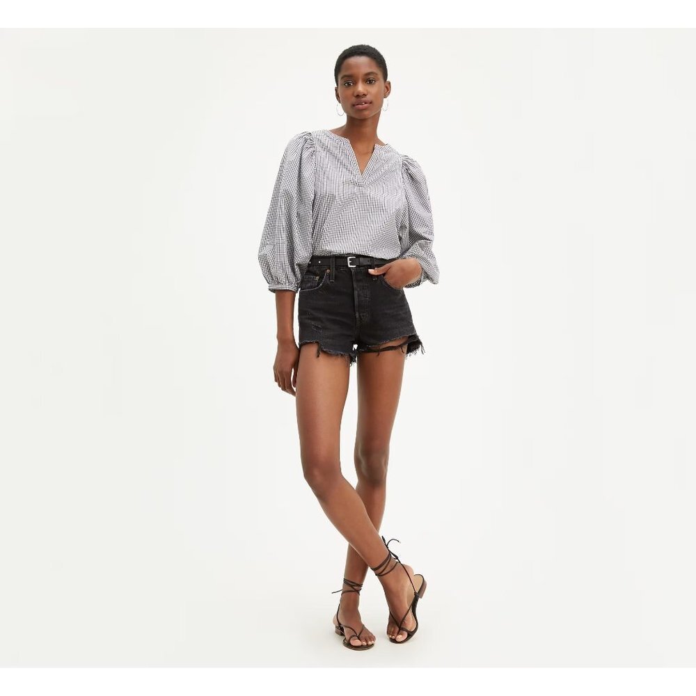 LEVI’S 501 High Rise Distressed Denim Shorts in Wise Up Black, Size 32